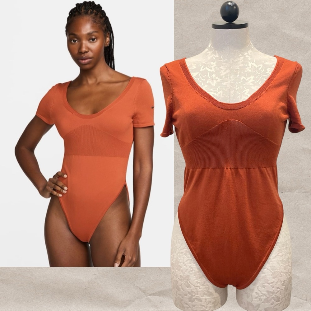 Nike Women's Sportswear Chill Knit Bodysuit Rustic Orange Medium Short Sleeve - Picture 4 of 7